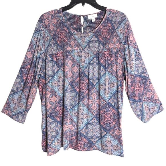 J. Jill Blue & Pink Rayon Smocked Geometric Medallion Peasant Top Blouse XL - Picture 2 of 6